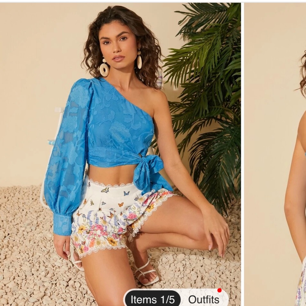 shein Appliques Jacquard One Shoulder Lantern Sleeve Knot Side Crop Top